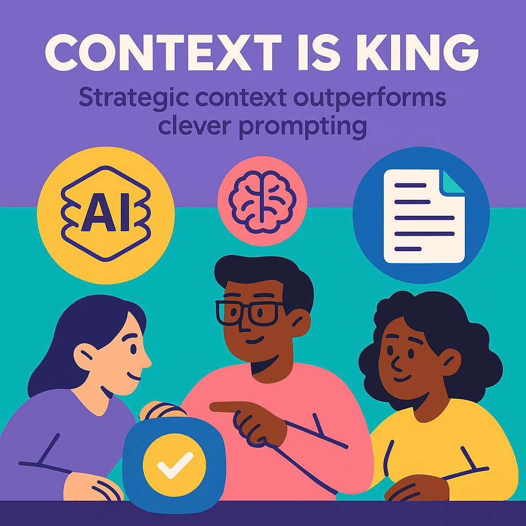 **Alt text:** Illustration showing three diverse people collaborating around a table with icons above them representing AI (hexagon badge), a brain, and documentation, with the title “Context is King” and subtitle “Strategic context outperforms clever prompting” on a purple and teal split background.