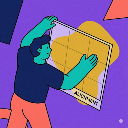 A figure with teal skin and dark hair, wearing a dark blue shirt and coral pants, adjusts a large gold rectangle labeled “ALIGNMENT” against a purple background. The figure uses both hands to position and calibrate the golden shape, suggesting careful measurement and precision. Geometric shapes in navy, coral, and purple float in the background. This image represents the quality check and alignment phase—ensuring the finished work meets established standards and delivers on its promise. The figure’s deliberate, hands-on adjustment of the alignment frame suggests active calibration rather than passive acceptance. The labeled frame makes explicit that alignment isn’t vague or subjective; it’s measured against defined criteria. The figure’s focused posture conveys that this final step requires attention and judgment. This captures the article’s core principle: human evaluation and approval gates every stage, not just the finish line.
