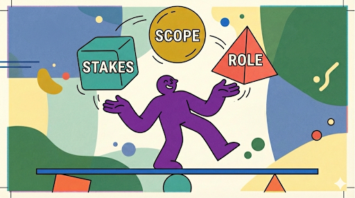 Illustration showing a purple figure balancing on a seesaw while juggling three shapes labeled “stakes,” “scope,” and “role” - visualizing the framework for deciding when to experiment freely versus when to slow down and do proper discovery.