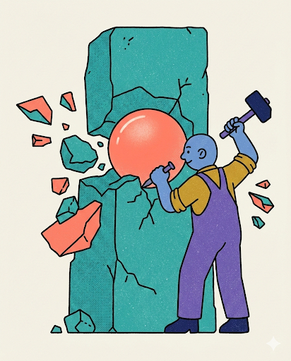A figure in purple and gold clothing swings a hammer at a large teal stone wall, creating cracks and breaking through. A coral/salmon colored sphere emerges from the center of the wall. Fragments of teal stone scatter around the base of the wall against a cream background. This image represents the article’s opening insight: AI doesn’t make you faster at writing overall, but it makes you faster at starting. The blank page problem isn’t about typing speed—it’s about breaking through initial inertia. The hammer is the force that cracks through resistance, the emerging sphere represents ideas and momentum, and the shattering wall shows the breakthrough moment when you move from stuck to productive. This captures the efficiency gain the author describes: not writing faster, but starting smarter.