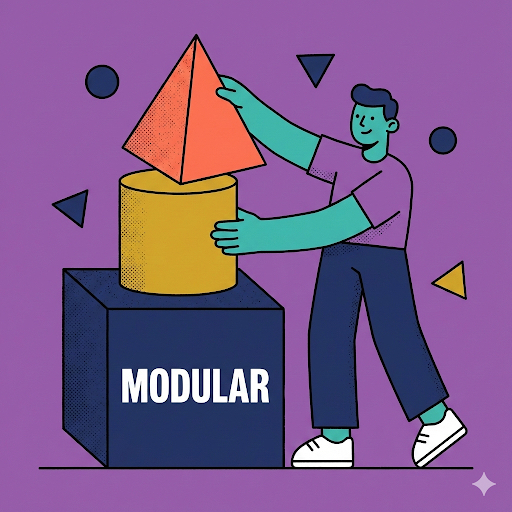 A figure with teal skin and green hair, wearing a purple shirt and dark pants, assembles geometric shapes on top of a dark blue cube labeled “MODULAR.” The figure places a coral pyramid on top of a gold cylinder. Various geometric shapes—circles, triangles, and other forms in navy, gold, teal, and coral—float around the scene against a purple background. This image represents the modular template system used in image generation. The stacking and assembly of distinct geometric pieces shows how templates and modifiers combine systematically to create variety while maintaining consistency. The figure as an active builder (not passive observer) emphasizes intentional design. The labeled “MODULAR” base makes explicit that this isn’t ad-hoc creation—it’s a scalable, repeatable system. This captures how the IMG Generator maintains brand coherence while adapting to different content needs through recombinant components.