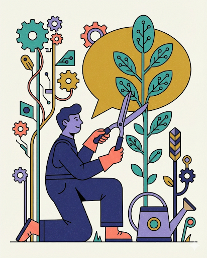 A figure in dark blue clothing tends to a hybrid plant-machine growth, using pruning shears to shape it carefully. The plant grows a large golden speech bubble with teal leaves. On the left side, mechanical gears and cogs are intertwined with organic stems and roots. A watering can sits at the base. The composition blends mechanical and natural elements in teal, gold, coral, and navy against a cream background. This image represents the article’s philosophy: that AI tools, like gardening tools, amplify human intention when used deliberately. The careful pruning suggests thoughtful editing and refinement. The hybrid mechanical-organic nature reflects how human expertise and AI capabilities grow together. The speech bubble represents ideas and insights that emerge from this cultivation process—not created by the tool, but nurtured and shaped by human judgment.