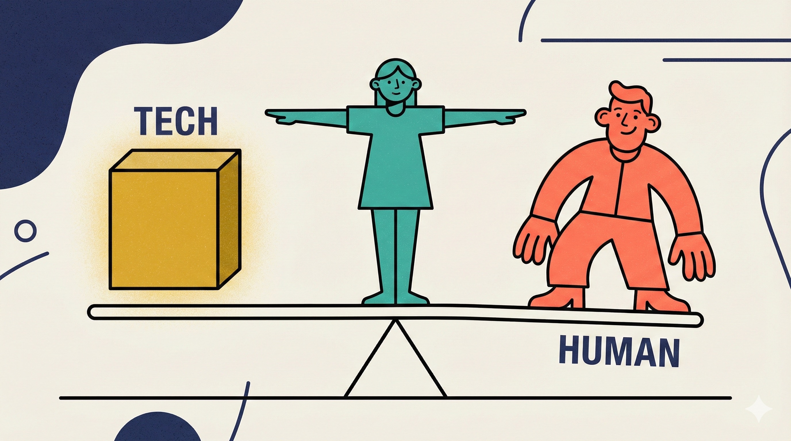 Illustration showing a teal figure balancing on a seesaw between a yellow cube labeled “tech” on one side and a coral figure labeled “human” on the other - visualizing the challenge of balancing technical experimentation with understanding actual user needs.