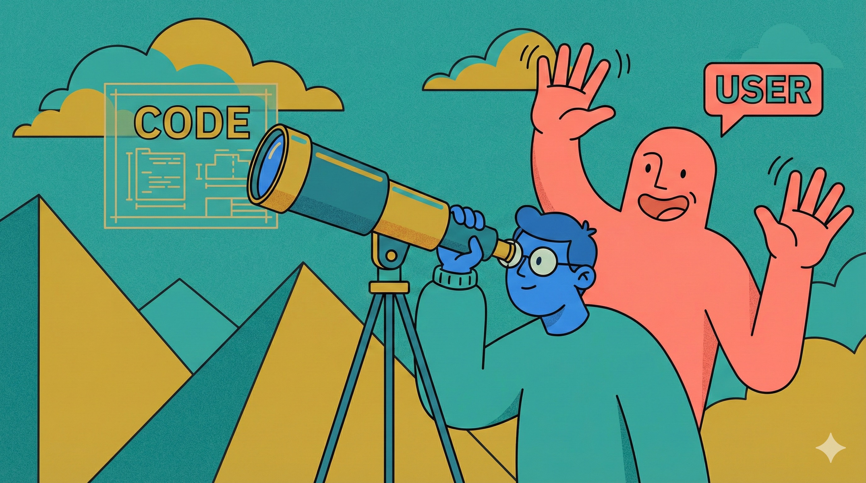 Illustration showing a blue figure looking through a telescope at code in the clouds while a coral-colored user waves their hands trying to get attention - visualizing how builders can focus on technical implementation while missing what users actually need.
