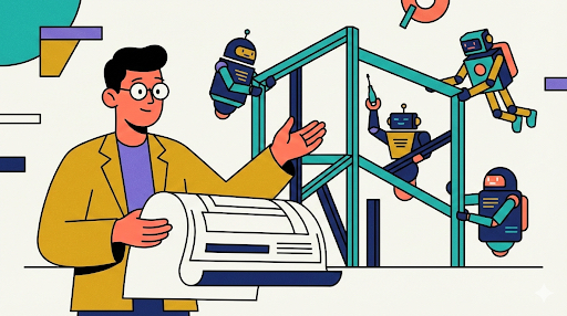 A figure in a yellow blazer and purple shirt holds a blueprint while gesturing toward a teal framework structure. Multiple robots in different colors and styles work at various points within the structure—climbing, assembling, and collaborating. Geometric shapes and tool icons float in the background against a cream-colored space. This image encapsulates the article’s key insight about specialization and orchestration. The figure is the architect/general contractor, the blueprint represents deliberate workflow design, and each robot represents a specialized AI tool optimized for a specific task. The structured framework shows how components work together systematically, not chaotically.