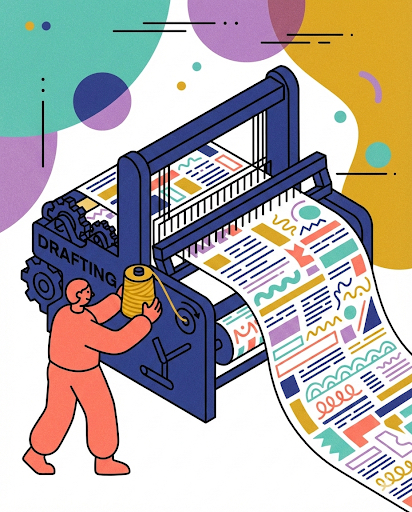 A figure in coral/orange clothing operates a large printing press machine. Colorful, patterned pages with various designs, typography, and illustrations stream out from the machine’s output. A gear labeled “CRAFTING” is visible on the machine’s side. Geometric shapes in teal, purple, gold, and navy float in the background against a white central space. This image captures the article’s meta-reality: that the process itself can be systematized and scaled without losing authenticity. The printing press represents the repeatable workflow—the same phases, the same tool choices, the same editorial standards applied to each piece. The flowing output shows consistent quality and variety simultaneously. The gear emphasizes that craftsmanship and systems aren’t opposites; they work together. The figure is actively operating the machinery, reinforcing that human judgment drives the entire process.