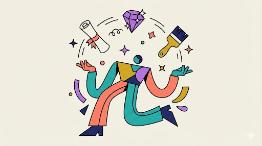 A skillful character is juggling three distinct objects in a loop: A Scroll (Claude/Writing), A Gem (Gemini/Gems), and a Paintbrush (Copilot/Art).