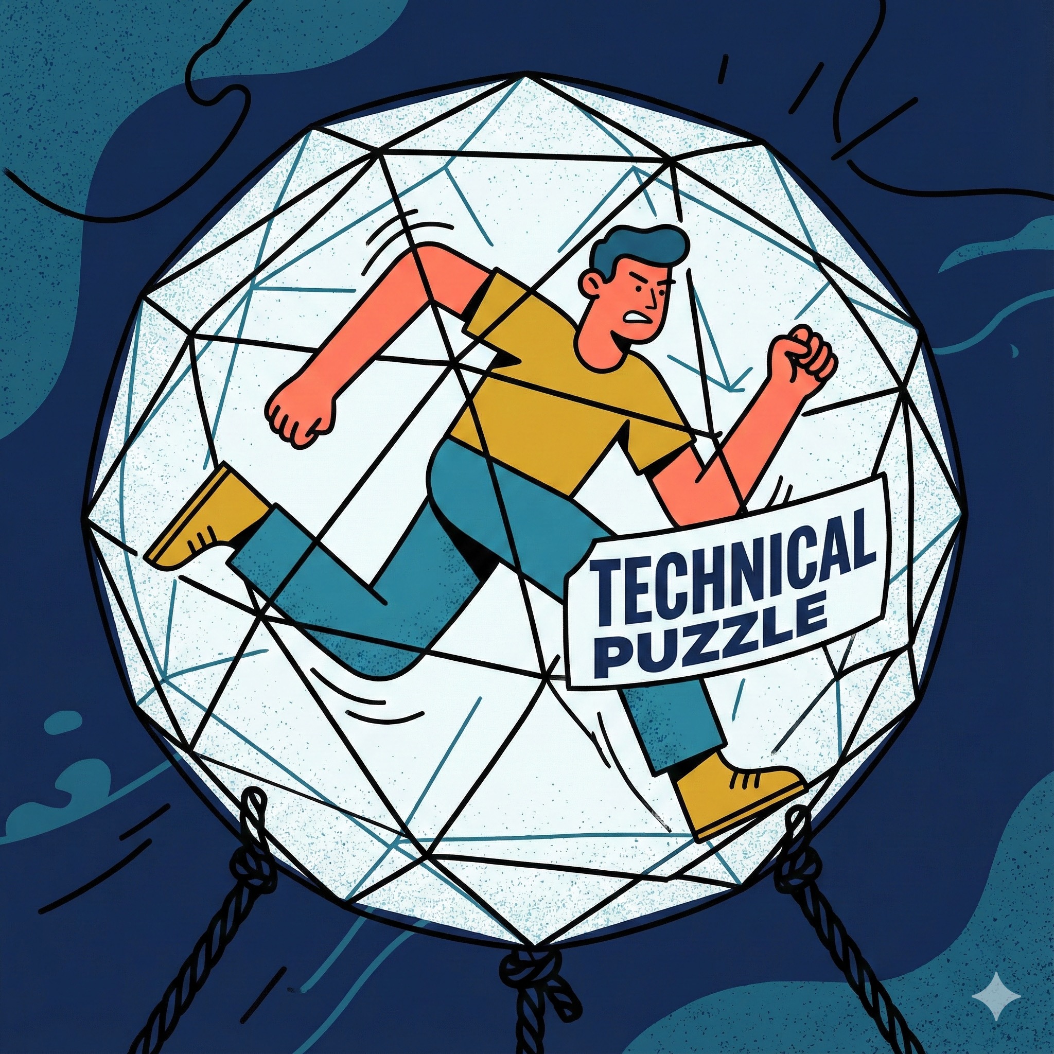 Illustration showing a figure running inside a hamster wheel-like geometric sphere labeled “technical puzzle” - visualizing how getting absorbed in solving technical problems can become a self-contained loop that loses sight of whether the solution is actually needed.